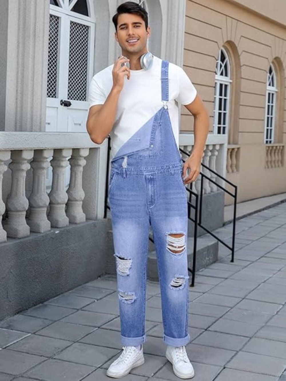 Runcati Men's Denim Bib Overall Ripped Distressed Jean Size X-Large